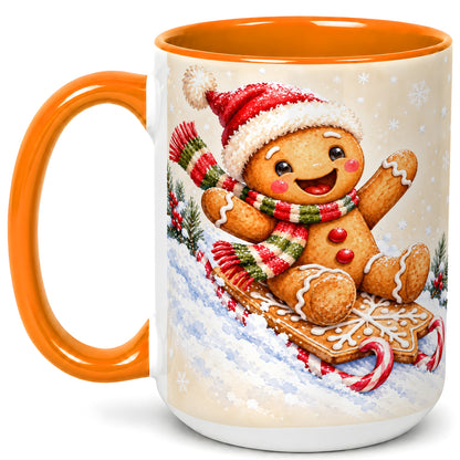 #pl[15oz|Orange] Gingerbread Sledding Coffee Mug, Christmas Cookie Mug, Ceramic Cup