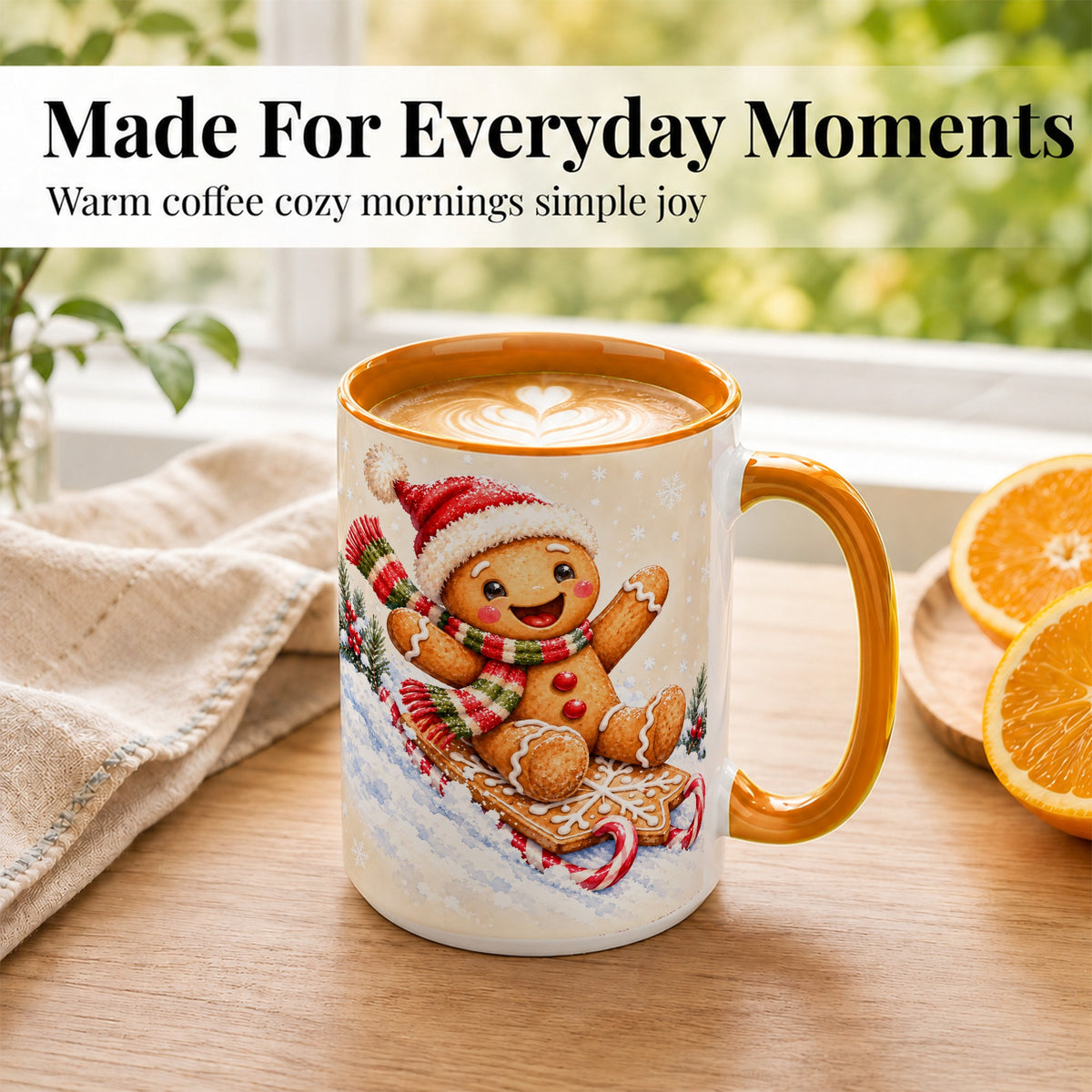 #pl[15oz|Orange] Gingerbread Sledding Coffee Mug, Christmas Cookie Mug, Ceramic Cup