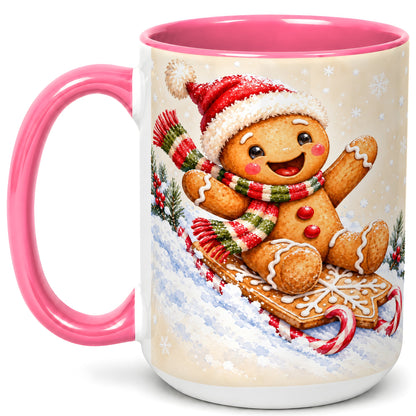 #pl[15oz|Pink] Gingerbread Sledding Coffee Mug, Christmas Cookie Mug, Ceramic Cup