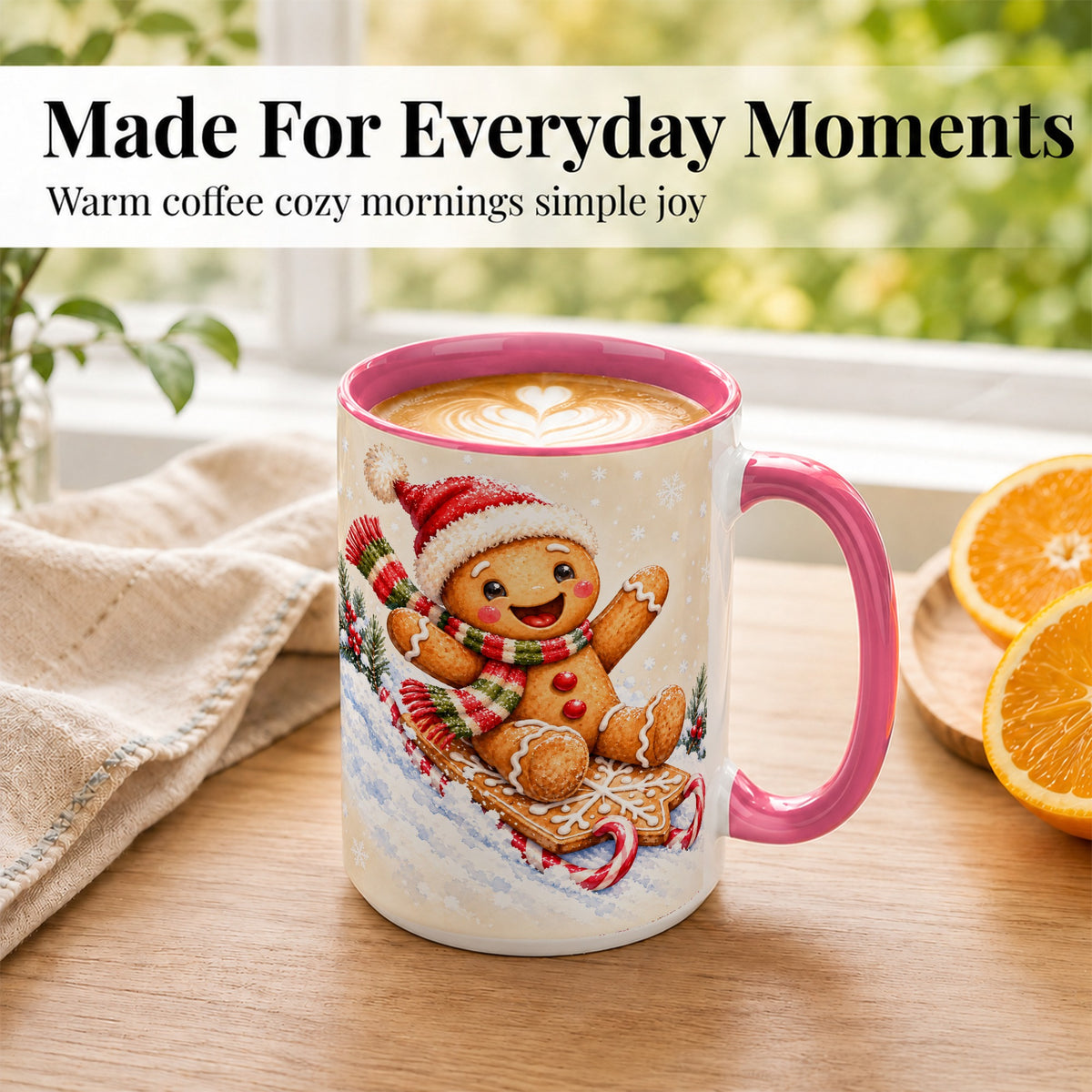 #pl[15oz|Pink] Gingerbread Sledding Coffee Mug, Christmas Cookie Mug, Ceramic Cup