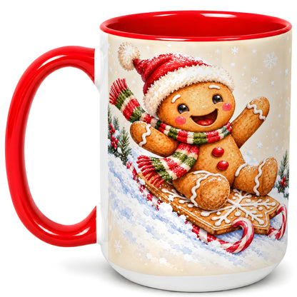 #pl[15oz|Red] Gingerbread Sledding Coffee Mug, Christmas Cookie Mug, Ceramic Cup