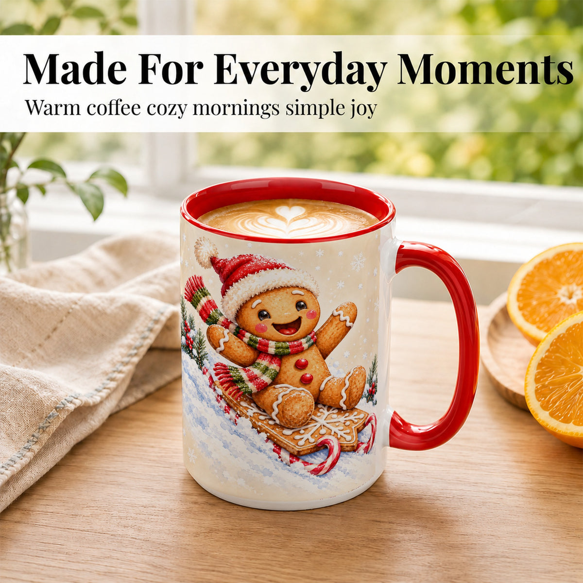 #pl[15oz|Red] Gingerbread Sledding Coffee Mug, Christmas Cookie Mug, Ceramic Cup