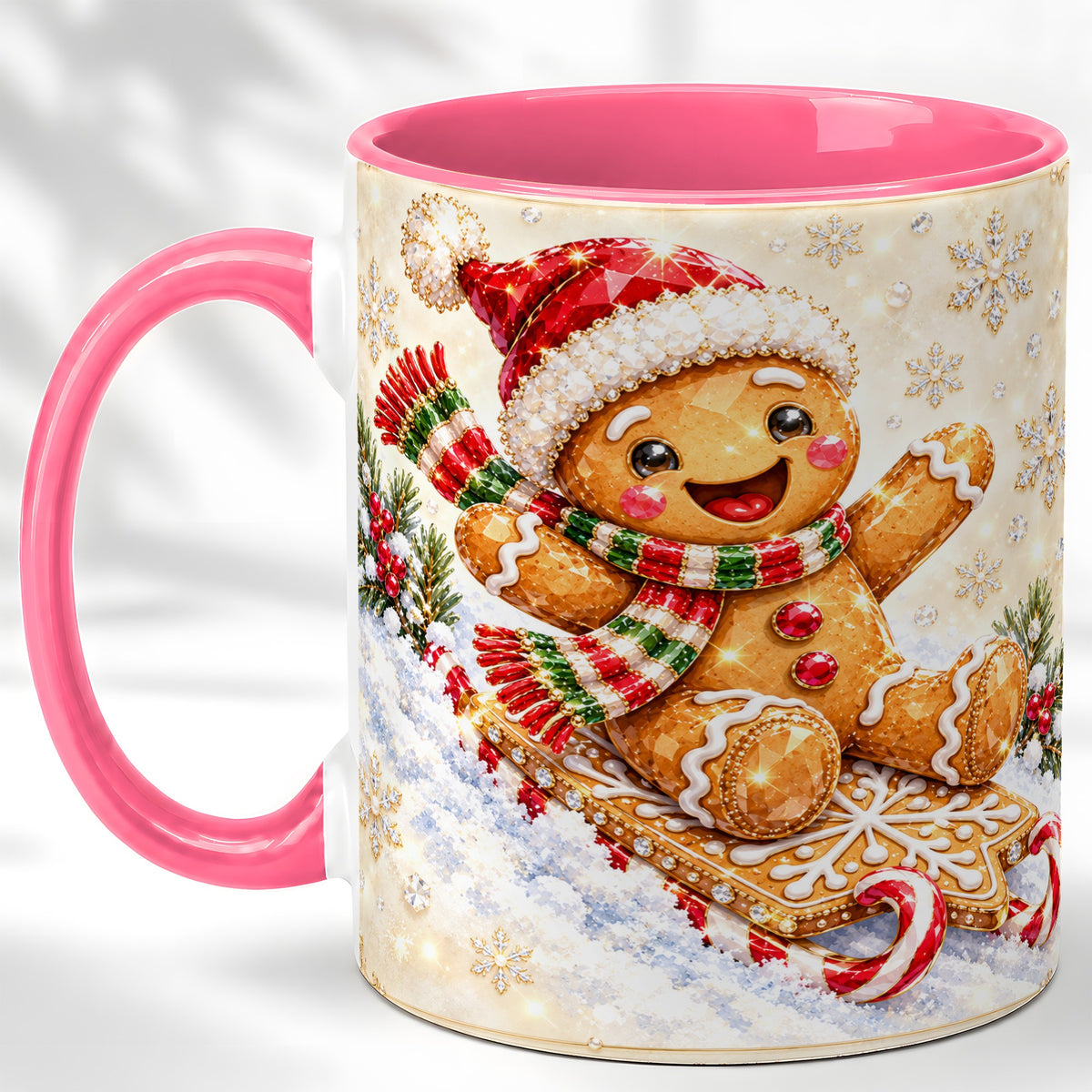 #pl[11oz|Pink] Jeweled Gingerbread Coffee Mug, Christmas Cookie Mug, Ceramic Cup