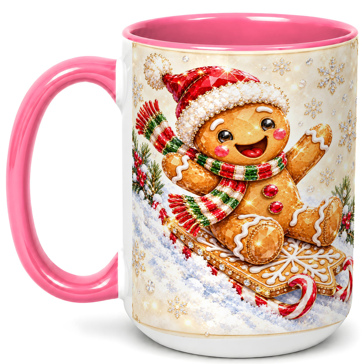 #pl[15oz|Pink] Jeweled Gingerbread Coffee Mug, Christmas Cookie Mug, Ceramic Cup