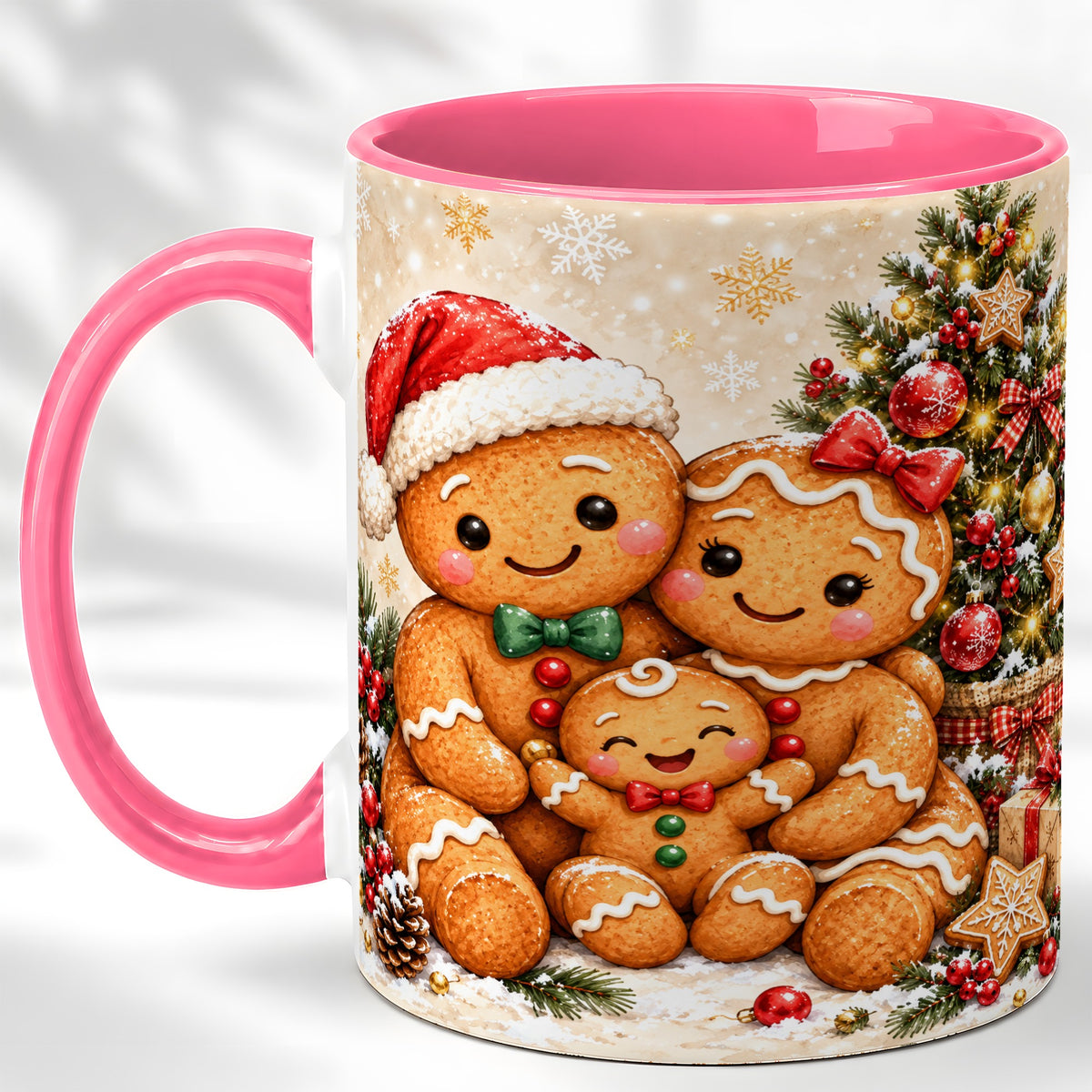 #pl[11oz|Pink] Gingerbread Family Coffee Mug, Christmas Cookie Mug, Ceramic Cup