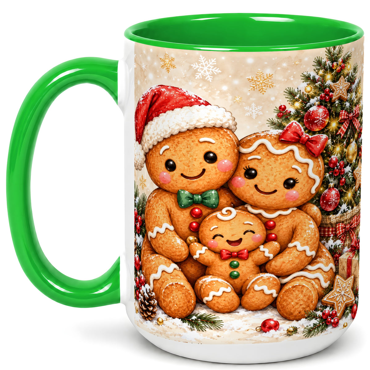 #pl[15oz|Green] Gingerbread Family Coffee Mug, Christmas Cookie Mug, Ceramic Cup