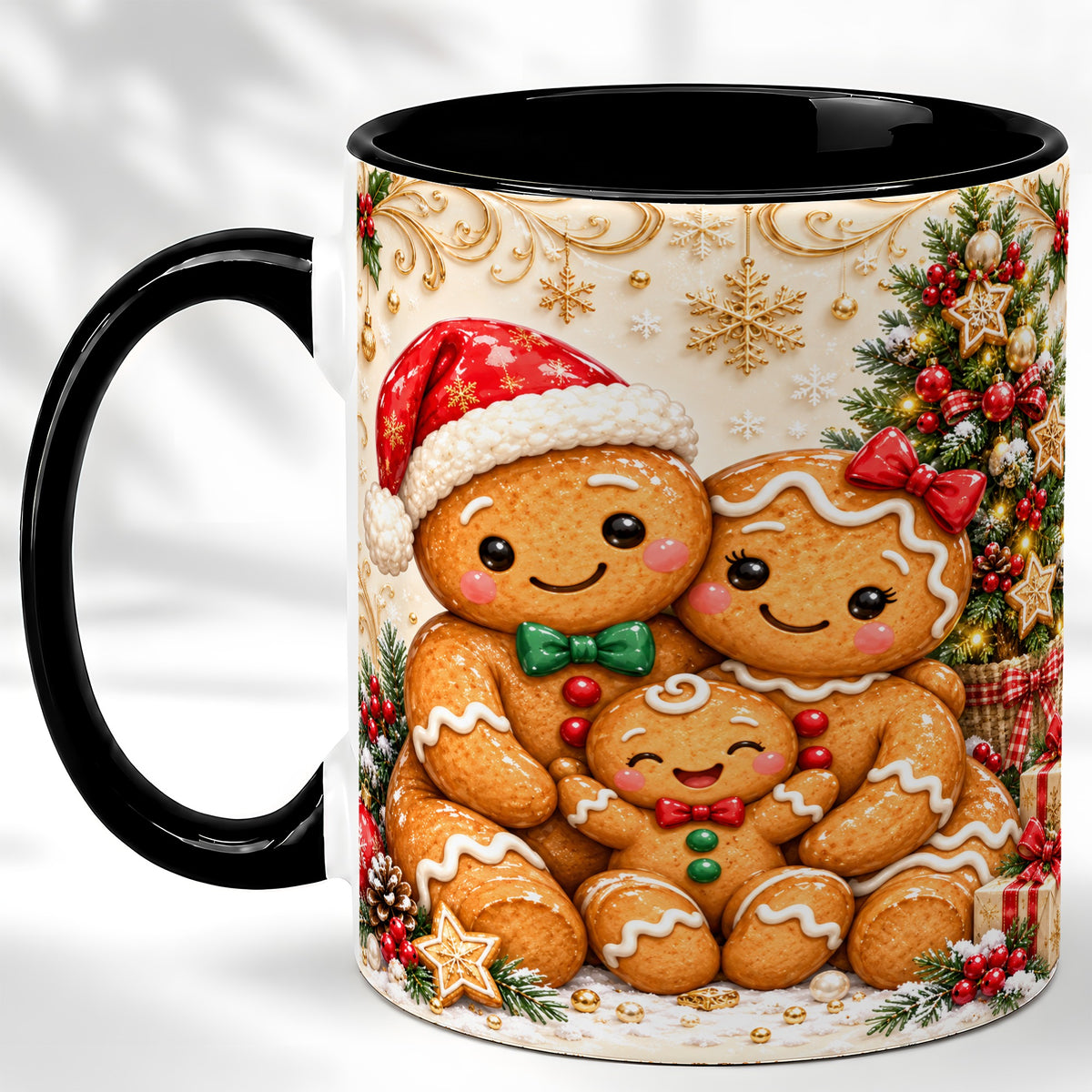 #pl[11oz|Black] Ornate Gingerbread Family Coffee Mug, Christmas Mug, Ceramic Cup
