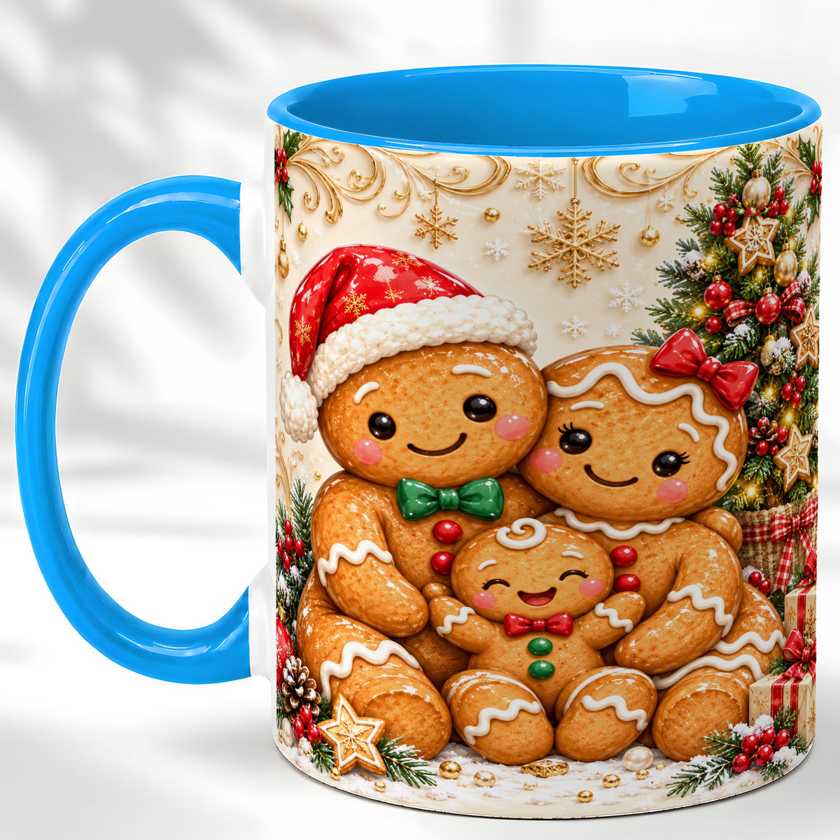 #pl[11oz|Blue] Ornate Gingerbread Family Coffee Mug, Christmas Mug, Ceramic Cup