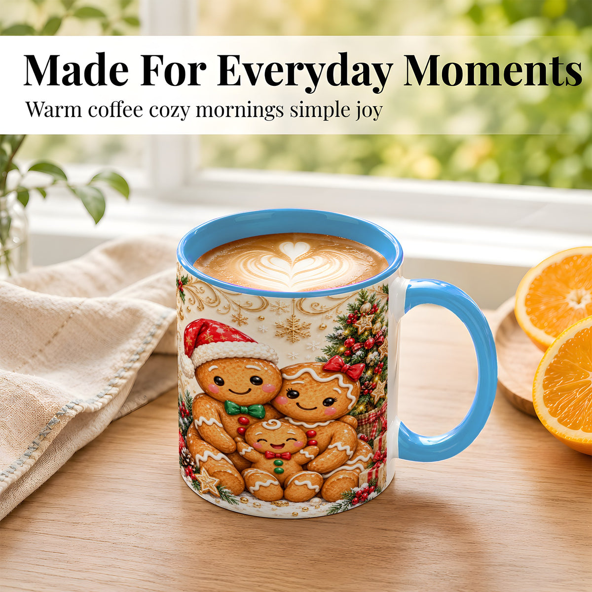 #pl[11oz|Blue] Ornate Gingerbread Family Coffee Mug, Christmas Mug, Ceramic Cup