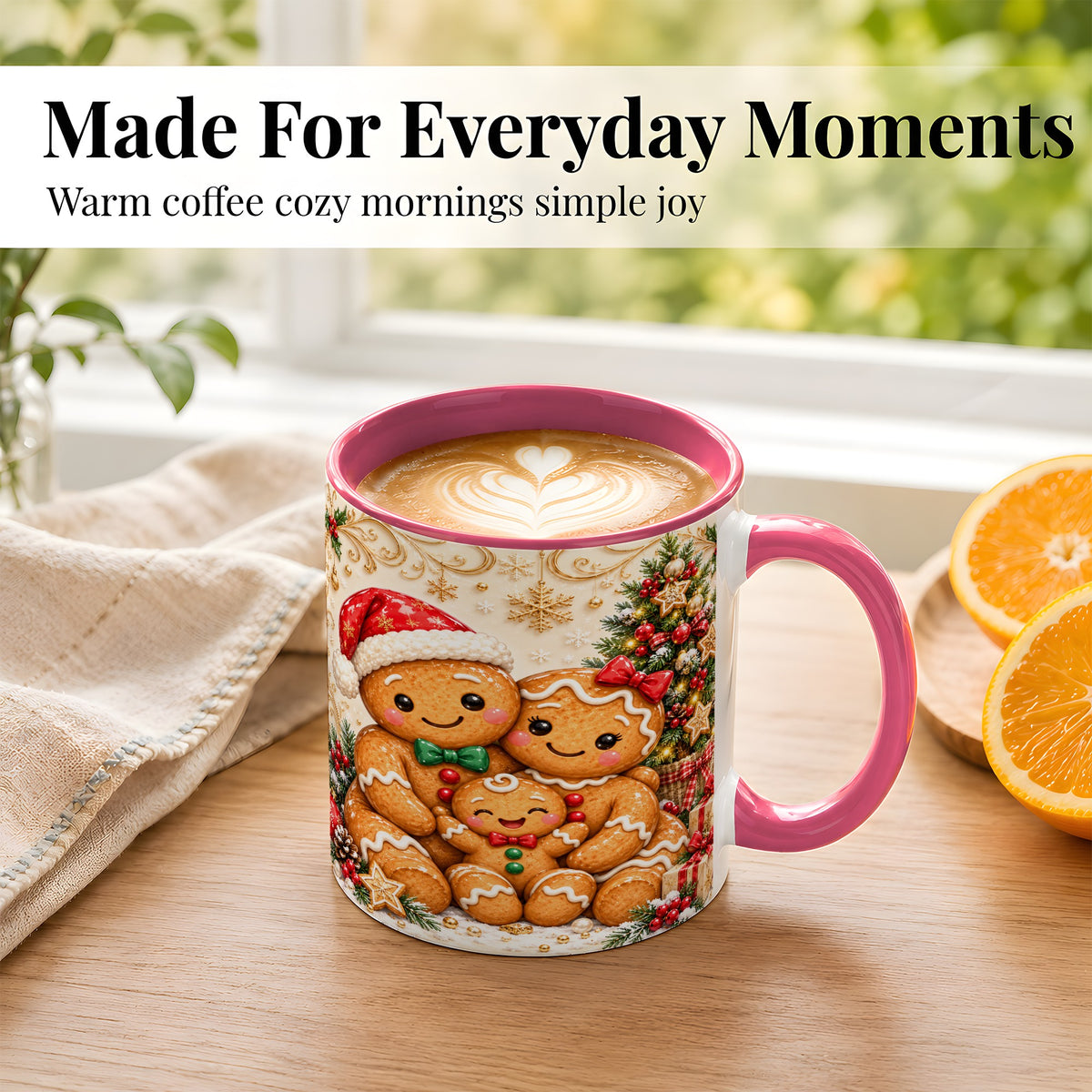 #pl[11oz|Pink] Ornate Gingerbread Family Coffee Mug, Christmas Mug, Ceramic Cup