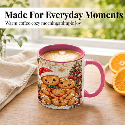 #pl[11oz|Pink] Ornate Gingerbread Family Coffee Mug, Christmas Mug, Ceramic Cup