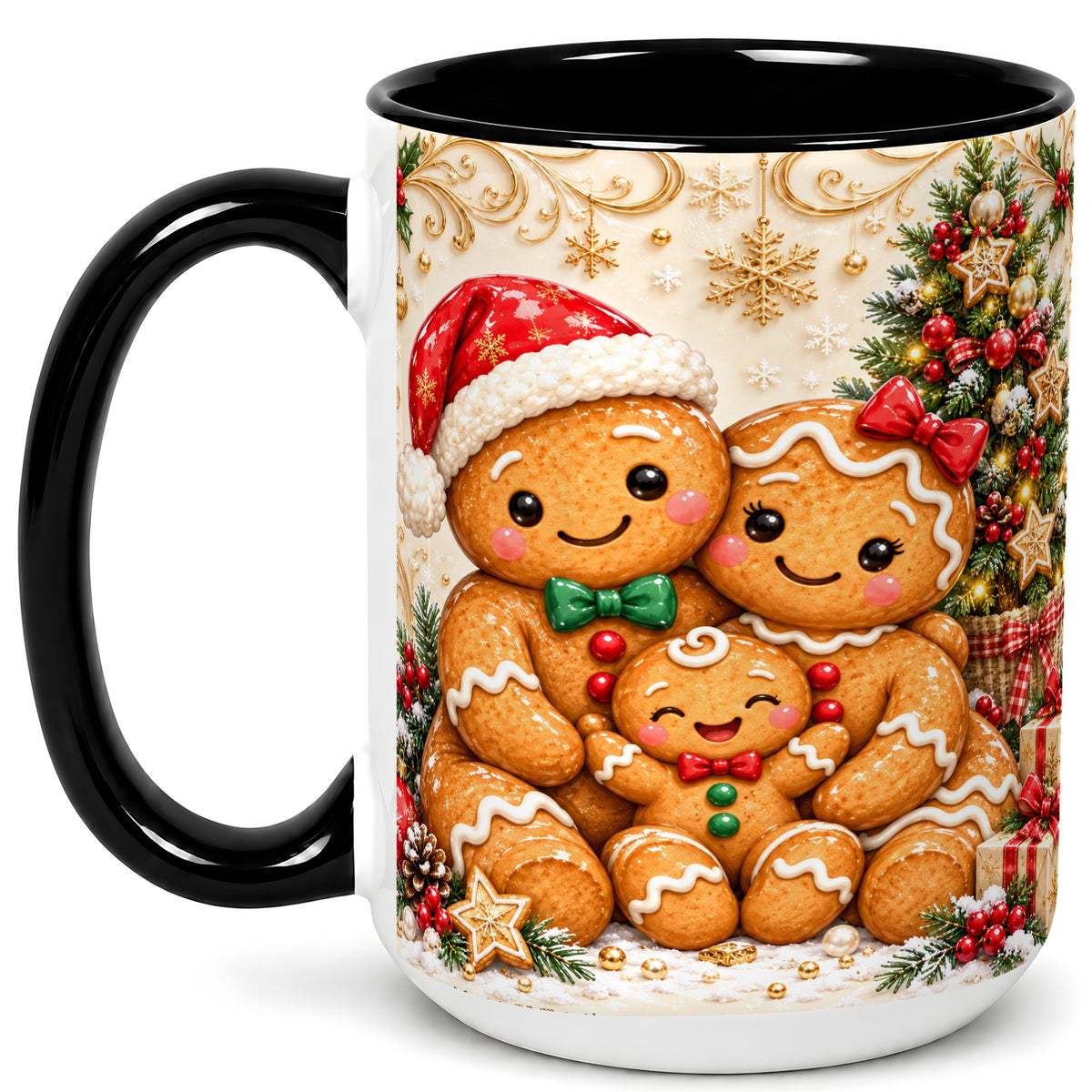 #pl[15oz|Black] Ornate Gingerbread Family Coffee Mug, Christmas Mug, Ceramic Cup