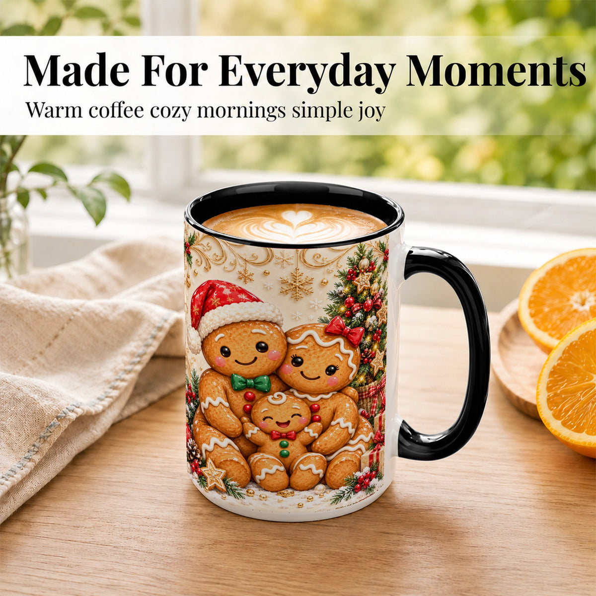 #pl[15oz|Black] Ornate Gingerbread Family Coffee Mug, Christmas Mug, Ceramic Cup