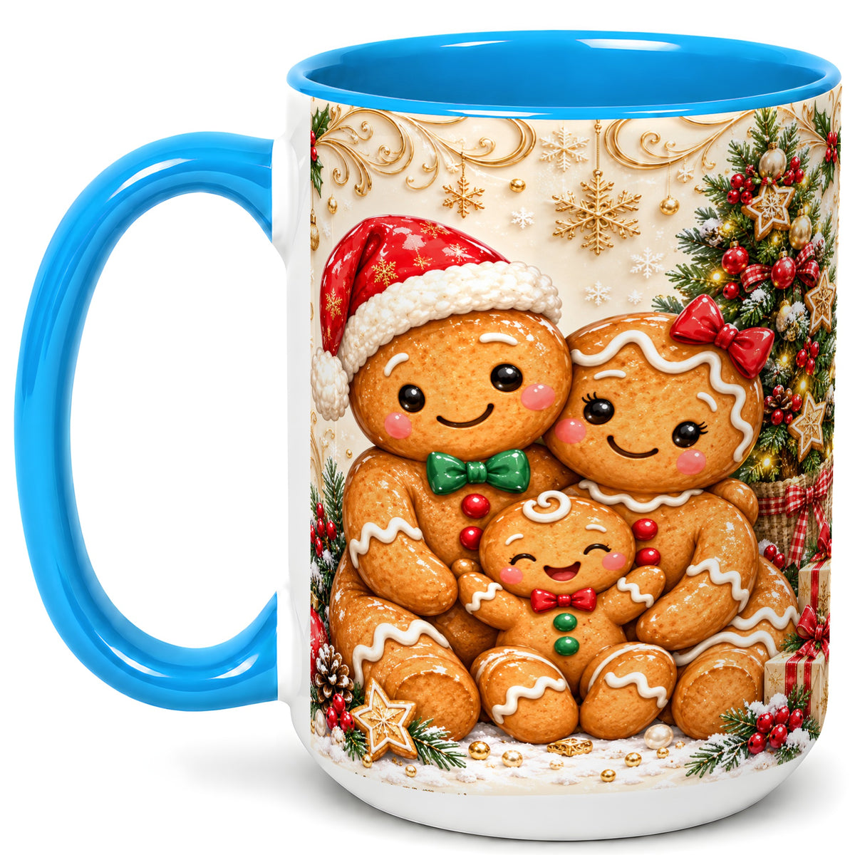 #pl[15oz|Blue] Ornate Gingerbread Family Coffee Mug, Christmas Mug, Ceramic Cup