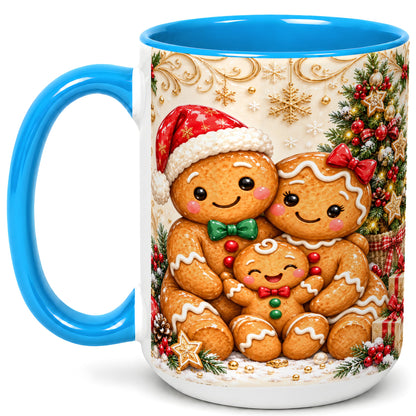 #pl[15oz|Blue] Ornate Gingerbread Family Coffee Mug, Christmas Mug, Ceramic Cup