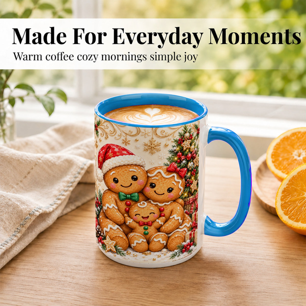 #pl[15oz|Blue] Ornate Gingerbread Family Coffee Mug, Christmas Mug, Ceramic Cup