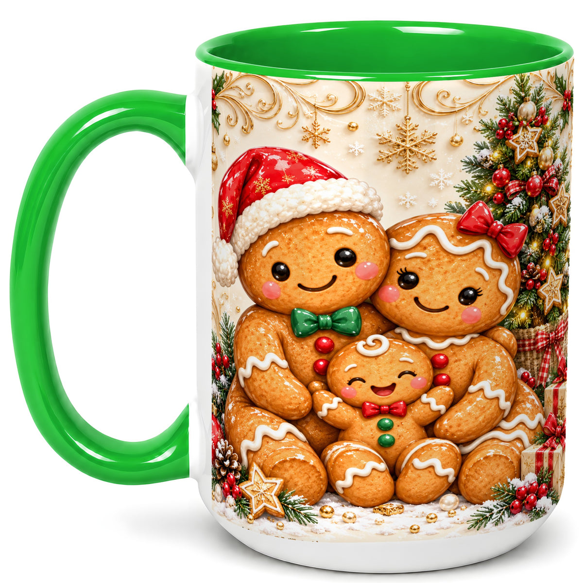#pl[15oz|Green] Ornate Gingerbread Family Coffee Mug, Christmas Mug, Ceramic Cup