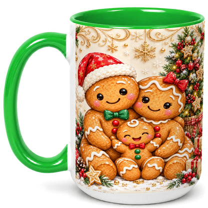 #pl[15oz|Green] Ornate Gingerbread Family Coffee Mug, Christmas Mug, Ceramic Cup