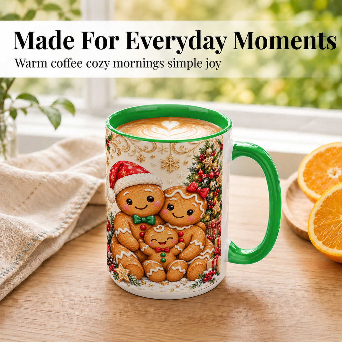 #pl[15oz|Green] Ornate Gingerbread Family Coffee Mug, Christmas Mug, Ceramic Cup