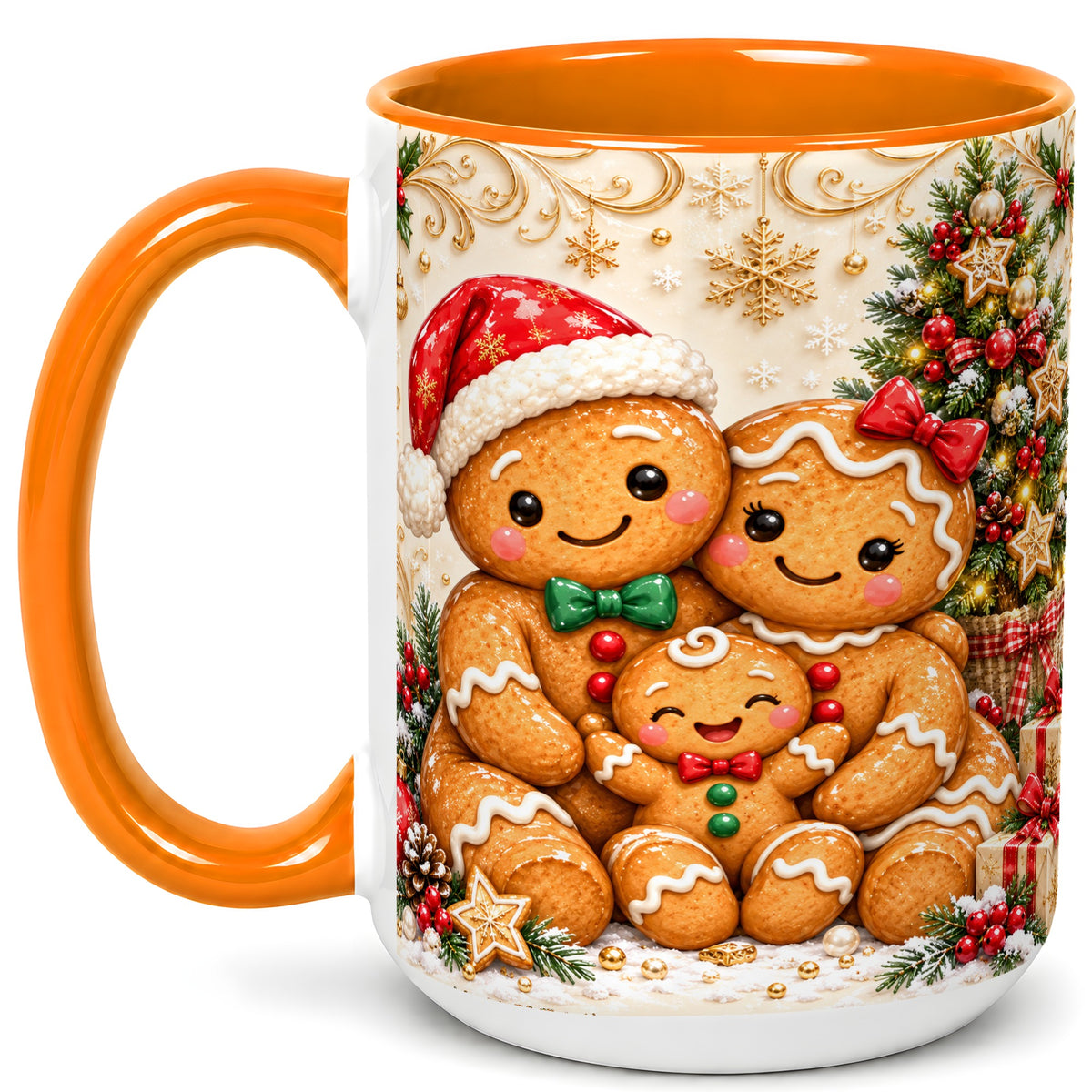 #pl[15oz|Orange] Ornate Gingerbread Family Coffee Mug, Christmas Mug, Ceramic Cup