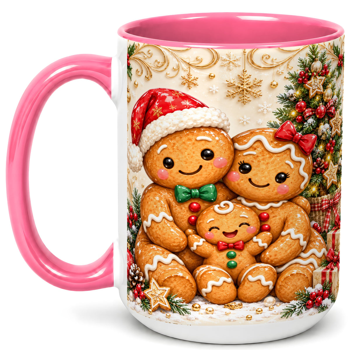 #pl[15oz|Pink] Ornate Gingerbread Family Coffee Mug, Christmas Mug, Ceramic Cup