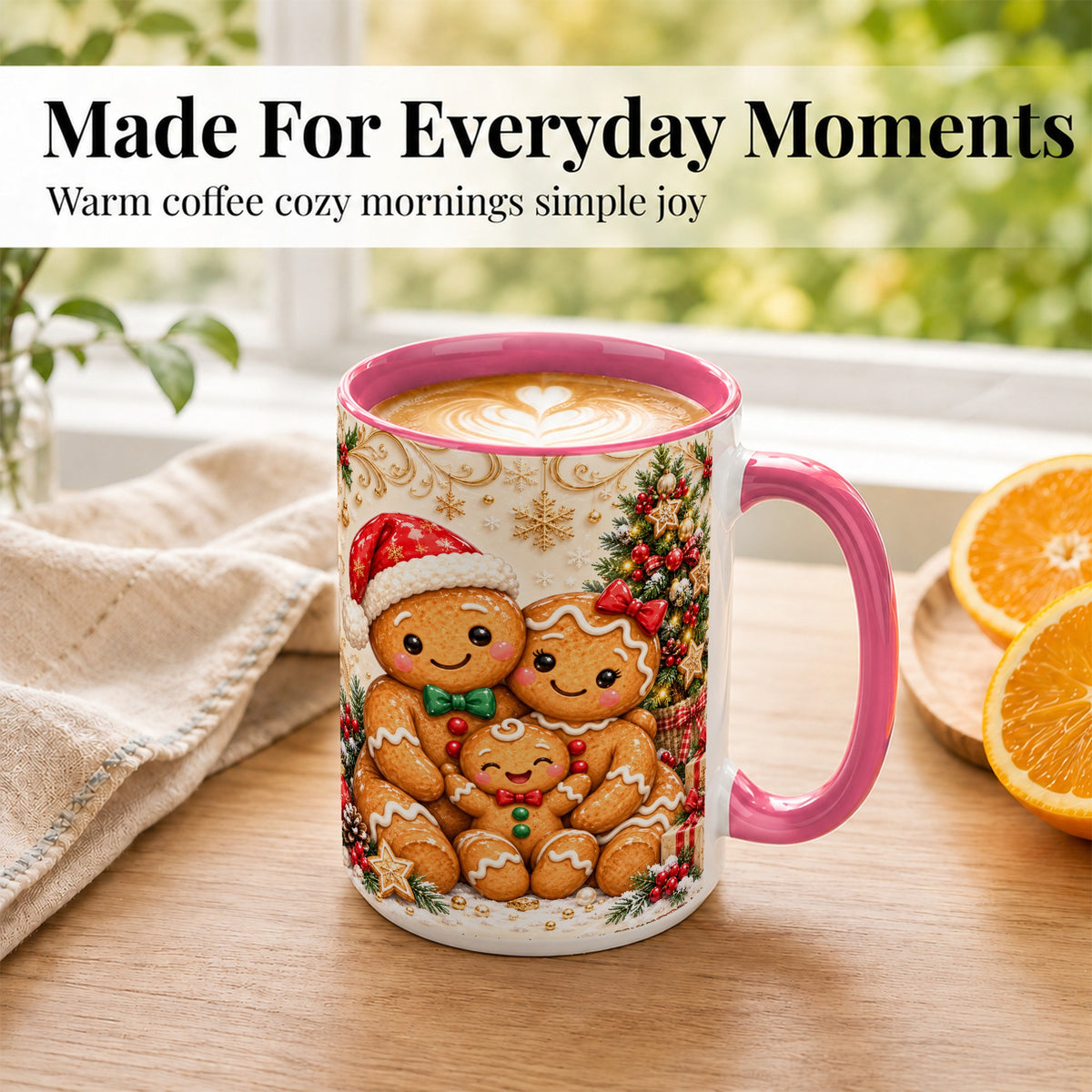 #pl[15oz|Pink] Ornate Gingerbread Family Coffee Mug, Christmas Mug, Ceramic Cup