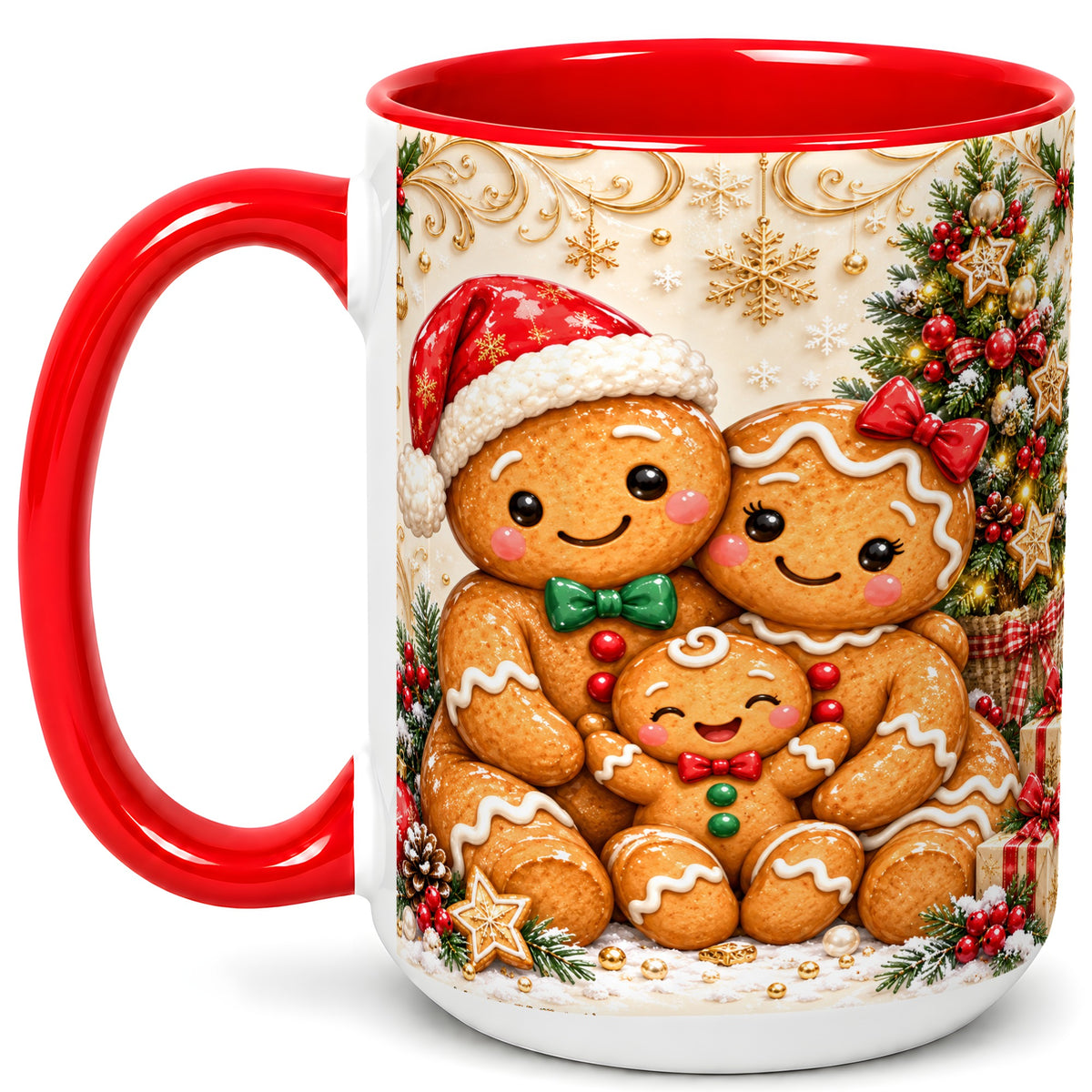 #pl[15oz|Red] Ornate Gingerbread Family Coffee Mug, Christmas Mug, Ceramic Cup