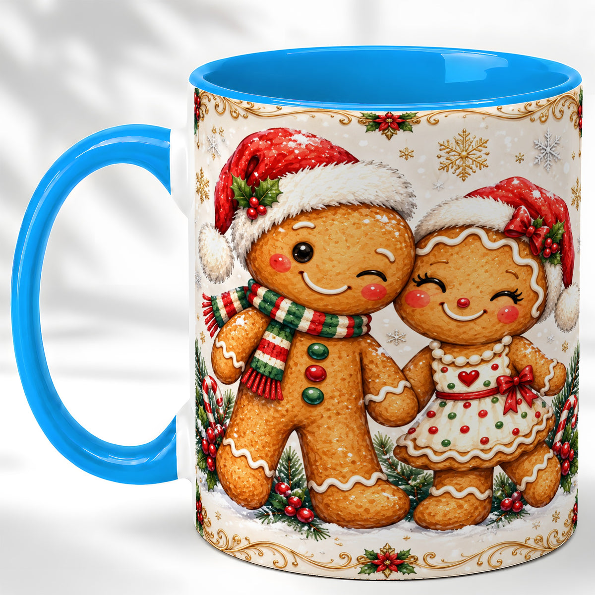 #pl[11oz|Blue] Gingerbread Couple Coffee Mug, Christmas Cookie Mug, Ceramic Cup