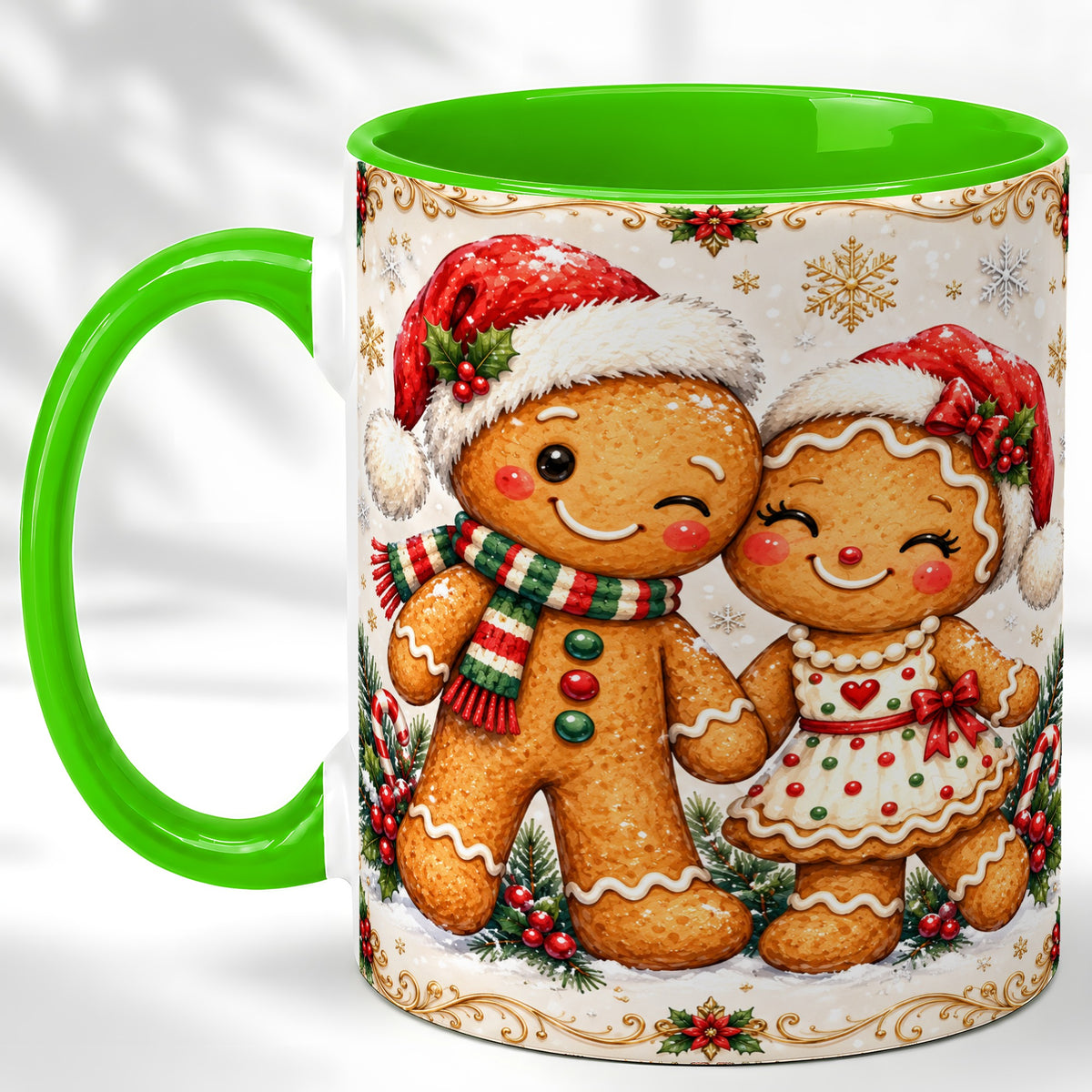 #pl[11oz|Green] Gingerbread Couple Coffee Mug, Christmas Cookie Mug, Ceramic Cup