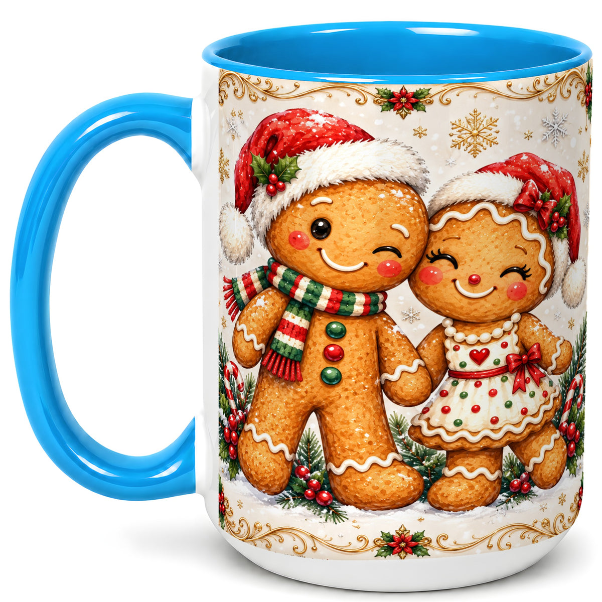 #pl[15oz|Blue] Gingerbread Couple Coffee Mug, Christmas Cookie Mug, Ceramic Cup