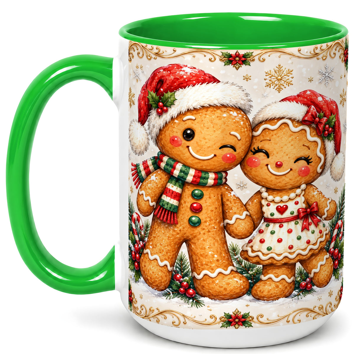 #pl[15oz|Green] Gingerbread Couple Coffee Mug, Christmas Cookie Mug, Ceramic Cup