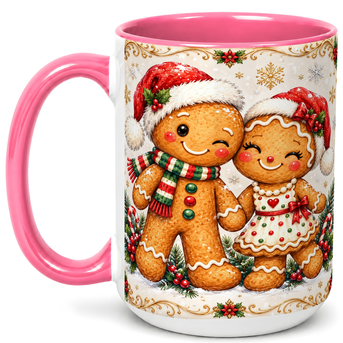 #pl[15oz|Pink] Gingerbread Couple Coffee Mug, Christmas Cookie Mug, Ceramic Cup
