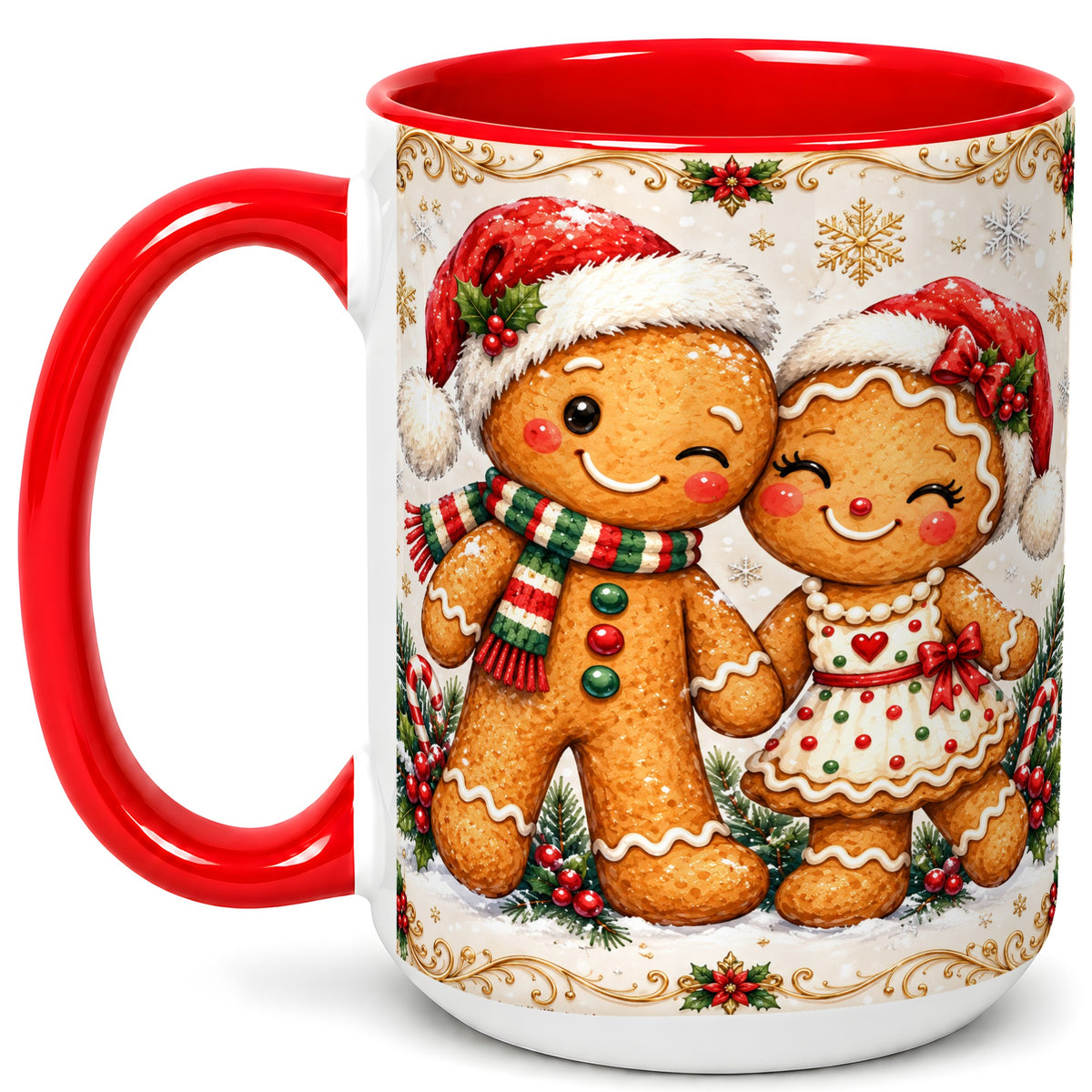 #pl[15oz|Red] Gingerbread Couple Coffee Mug, Christmas Cookie Mug, Ceramic Cup