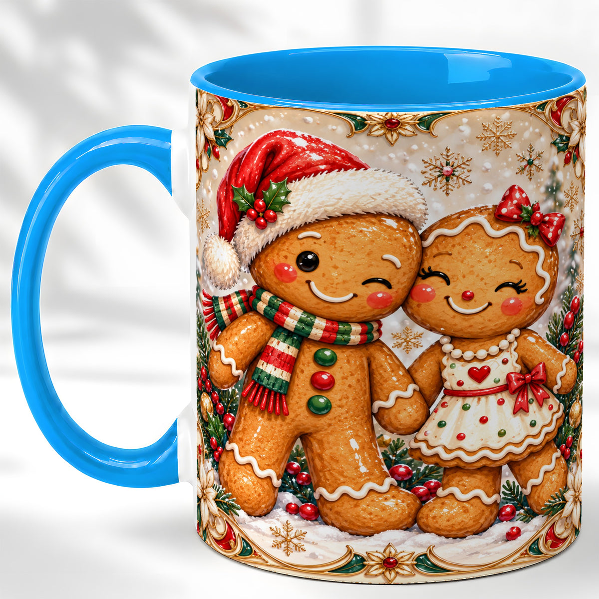 #pl[11oz|Blue] Gingerbread Couple Coffee Mug, Christmas Cookie Mug, Ceramic Cup