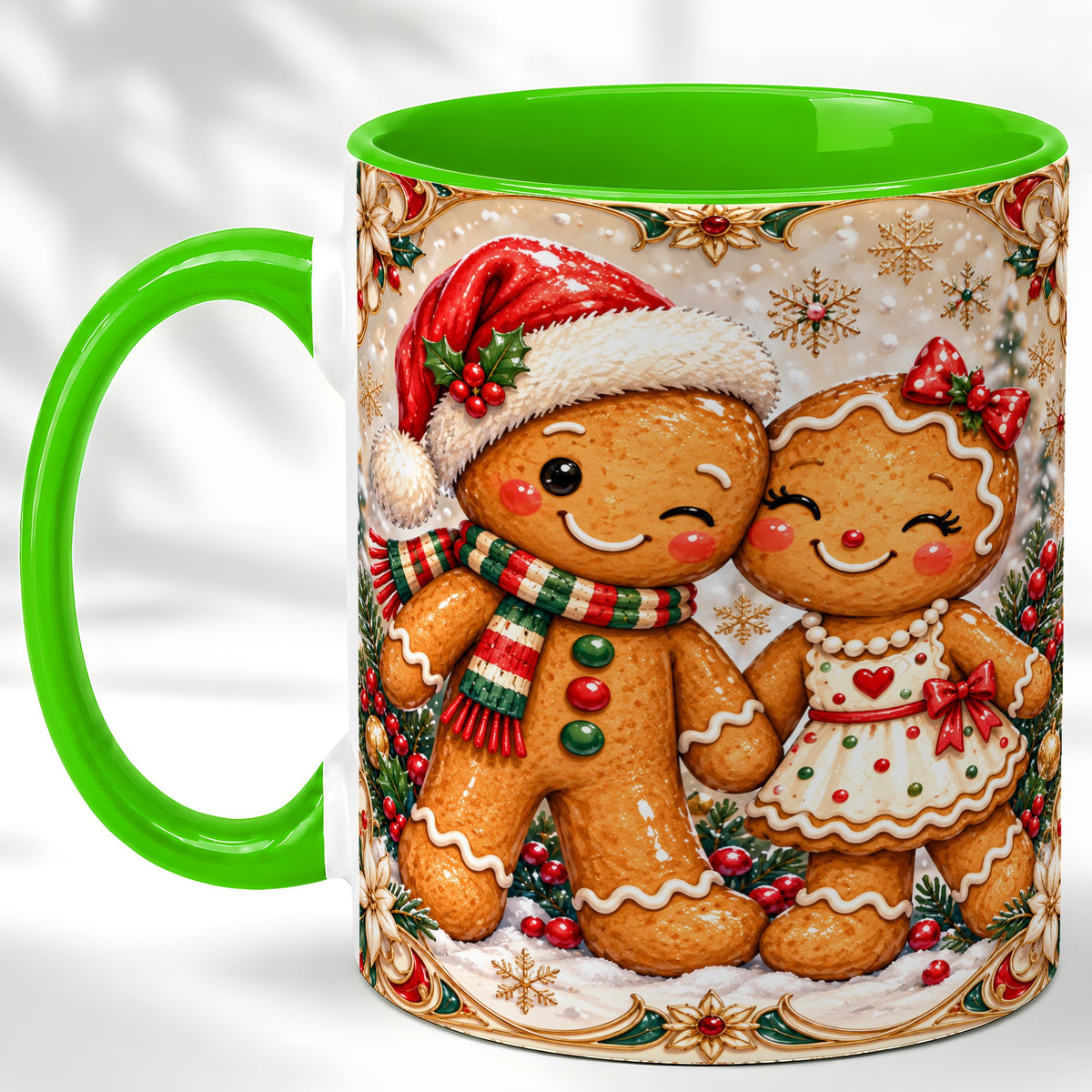 #pl[11oz|Green] Gingerbread Couple Coffee Mug, Christmas Cookie Mug, Ceramic Cup