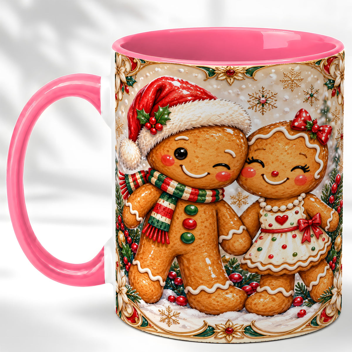 #pl[11oz|Pink] Gingerbread Couple Coffee Mug, Christmas Cookie Mug, Ceramic Cup