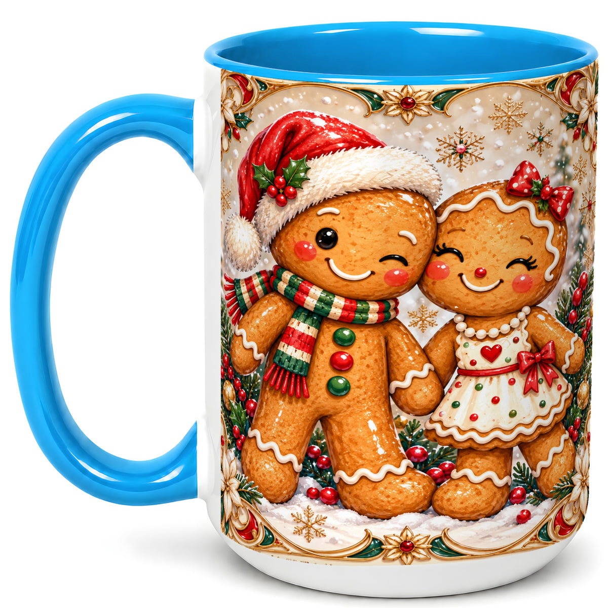 #pl[15oz|Blue] Gingerbread Couple Coffee Mug, Christmas Cookie Mug, Ceramic Cup