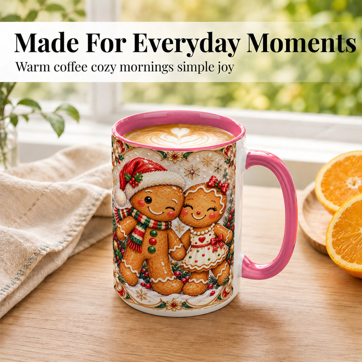 #pl[15oz|Pink] Gingerbread Couple Coffee Mug, Christmas Cookie Mug, Ceramic Cup