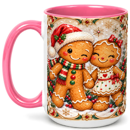 #pl[15oz|Pink] Gingerbread Couple Coffee Mug, Christmas Cookie Mug, Ceramic Cup