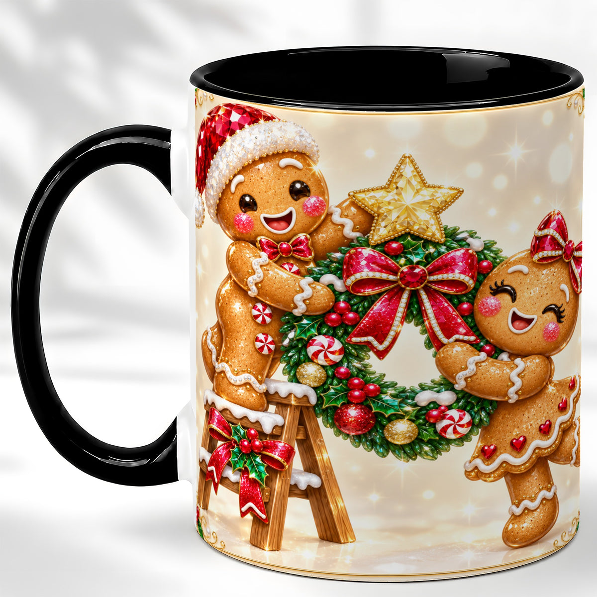 #pl[11oz|Black] Gingerbread Wreath Coffee Mug, Christmas Cookie Mug, Ceramic Cup
