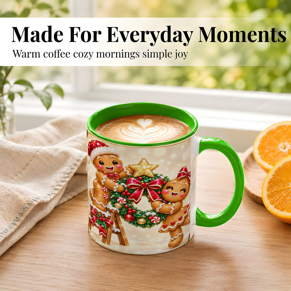 #pl[11oz|Green] Gingerbread Wreath Coffee Mug, Christmas Cookie Mug, Ceramic Cup