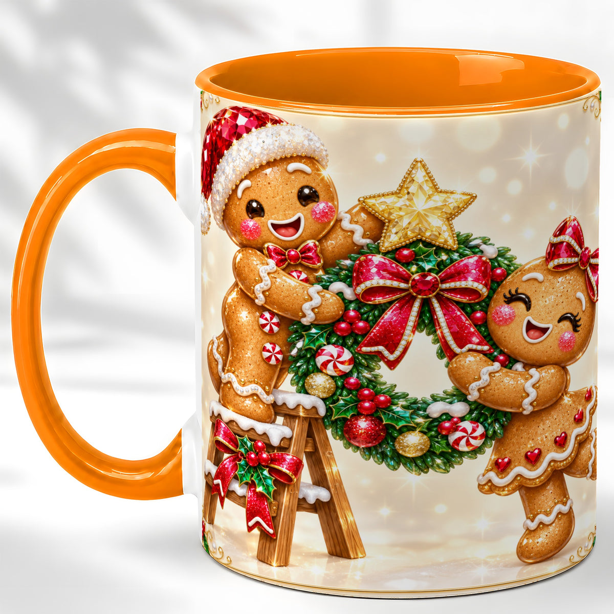 #pl[11oz|Orange] Gingerbread Wreath Coffee Mug, Christmas Cookie Mug, Ceramic Cup