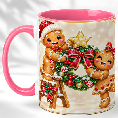 #pl[11oz|Pink] Gingerbread Wreath Coffee Mug, Christmas Cookie Mug, Ceramic Cup
