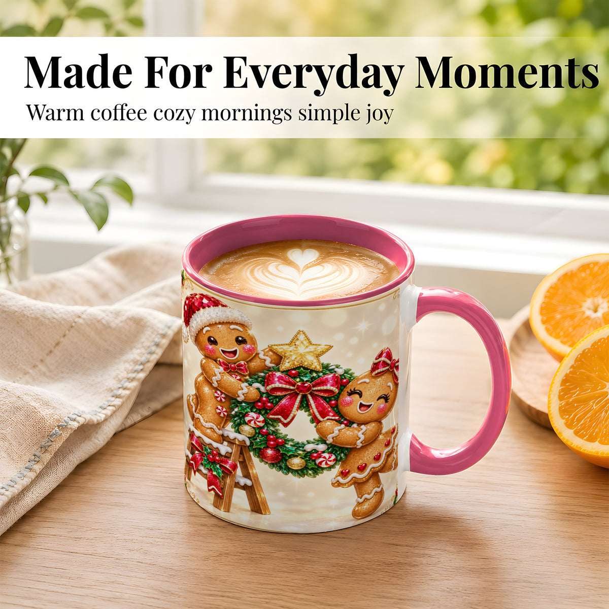 #pl[11oz|Pink] Gingerbread Wreath Coffee Mug, Christmas Cookie Mug, Ceramic Cup