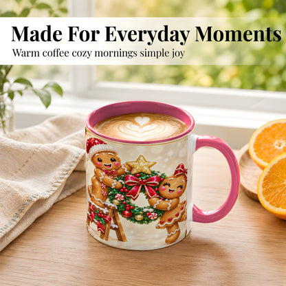 #pl[11oz|Pink] Gingerbread Wreath Coffee Mug, Christmas Cookie Mug, Ceramic Cup
