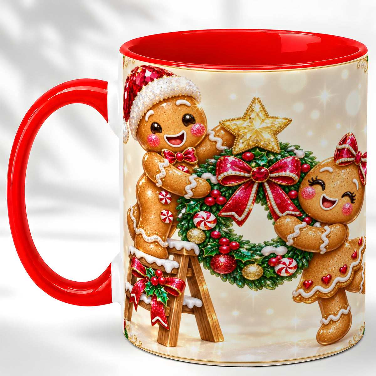Gingerbread Wreath Coffee Mug, Christmas Cookie Mug, Ceramic Cup