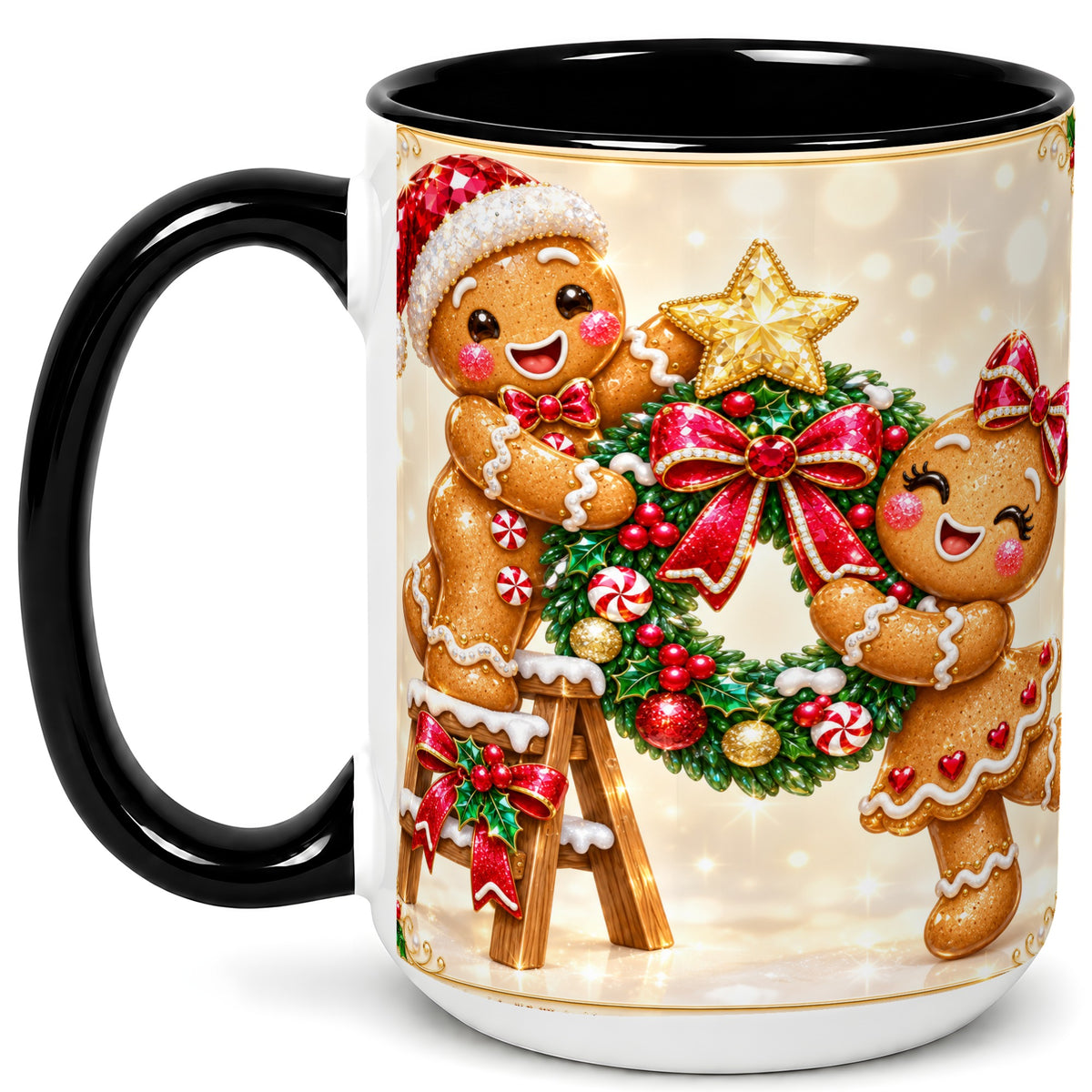 #pl[15oz|Black] Gingerbread Wreath Coffee Mug, Christmas Cookie Mug, Ceramic Cup