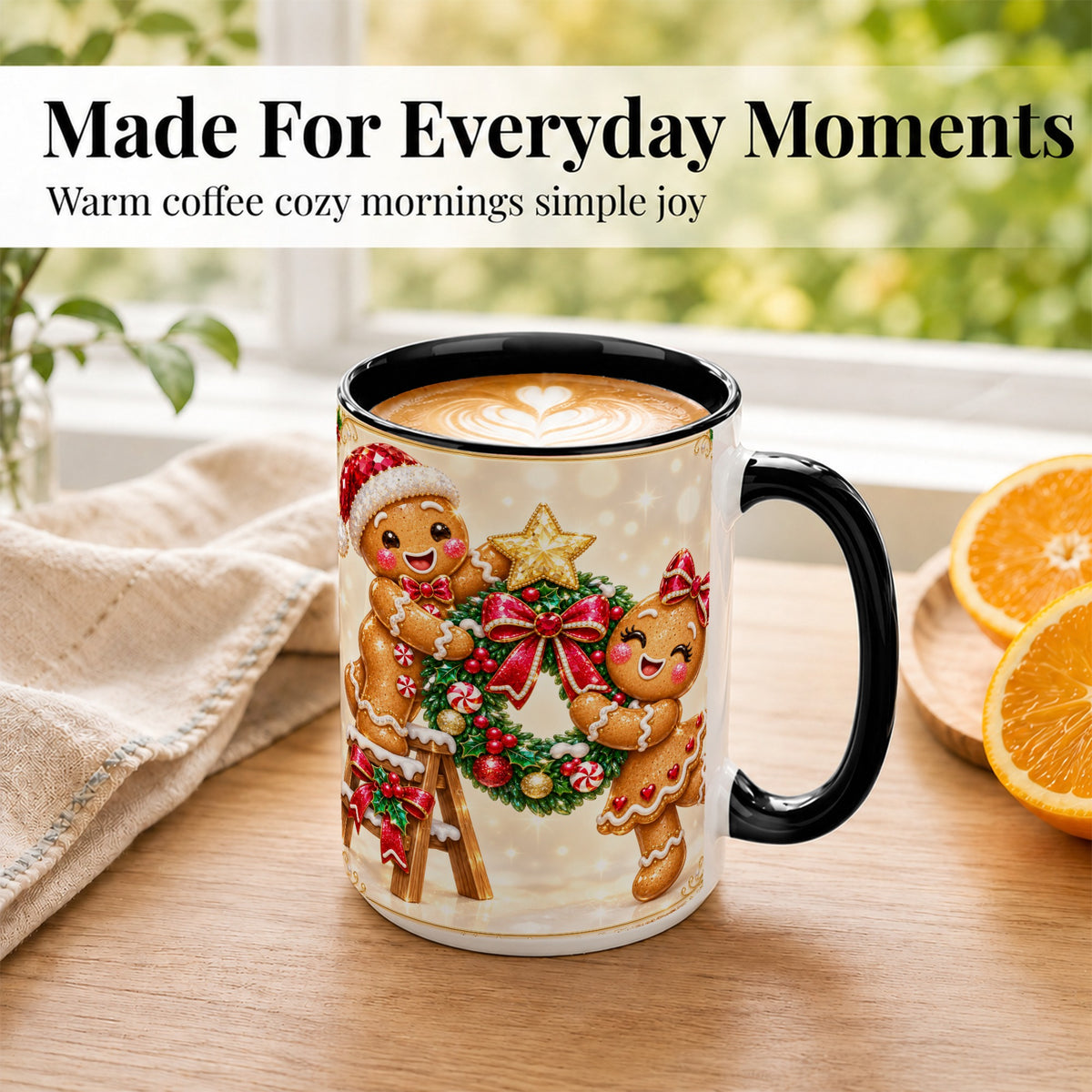 #pl[15oz|Black] Gingerbread Wreath Coffee Mug, Christmas Cookie Mug, Ceramic Cup