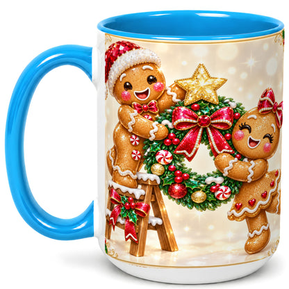 #pl[15oz|Blue] Gingerbread Wreath Coffee Mug, Christmas Cookie Mug, Ceramic Cup