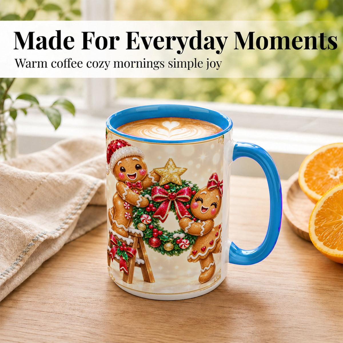 #pl[15oz|Blue] Gingerbread Wreath Coffee Mug, Christmas Cookie Mug, Ceramic Cup